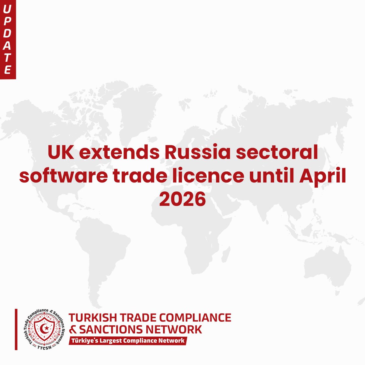 ttcsnetwork's tweet image. The UK Department for Business and Trade has extended the validity of its Russia Sectoral Software General Trade Licence until 17 April 2026. 
#TTCSN #TürkiyeTradeCompliance #ExportControl #SanctionsUpdate #USA #OFAC #EU #UK #BIS #OFSI #Herdem #ComplianceNetwork #TurkishTrade