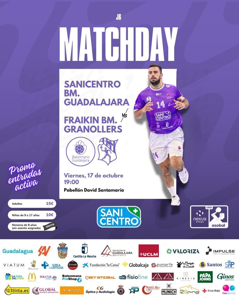🏆 𝗠𝗔𝗧𝗖𝗛 𝗗𝗔𝗬 J6
✨️Liga NEXUS ENERGÍA <a href="/ASOBAL/">ASOBAL</a> 

🆚 <a href="/BMGranollers/">BM Granollers</a>
📆 Viernes | 17 de octubre 
⏰ 19:00h
🏟️ David Santamaría 
🎟 PROMO ENTRADAS ACTIVA

💜 #VamosGuada!!