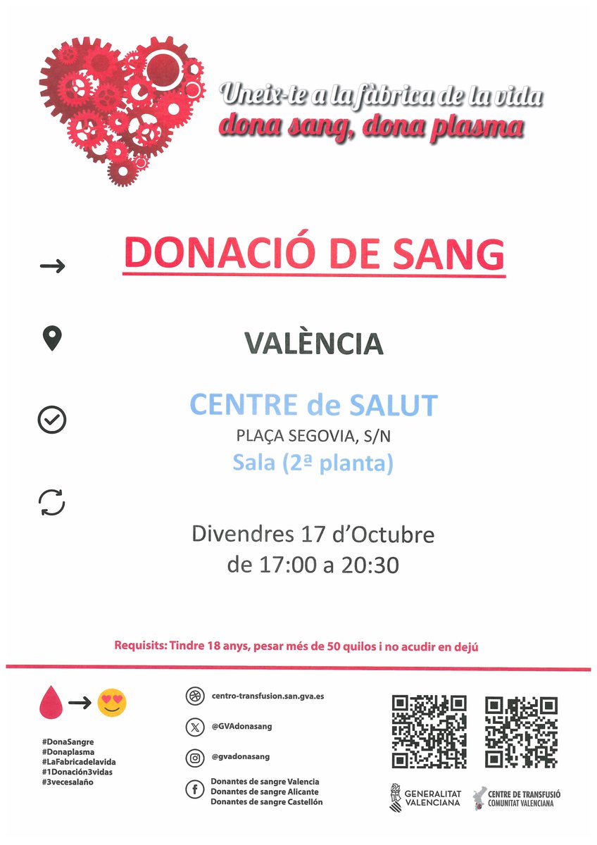 Dona sang a #València
📅divendres #17octubre

No esperes a una situació d'emergència,  #DonaSang amb regularitat, la sang ha d'estar disponible diàriament als hospitals.
👉Anima't a salvar vides, uneix-te a #LaFàbricadelaVida❤️