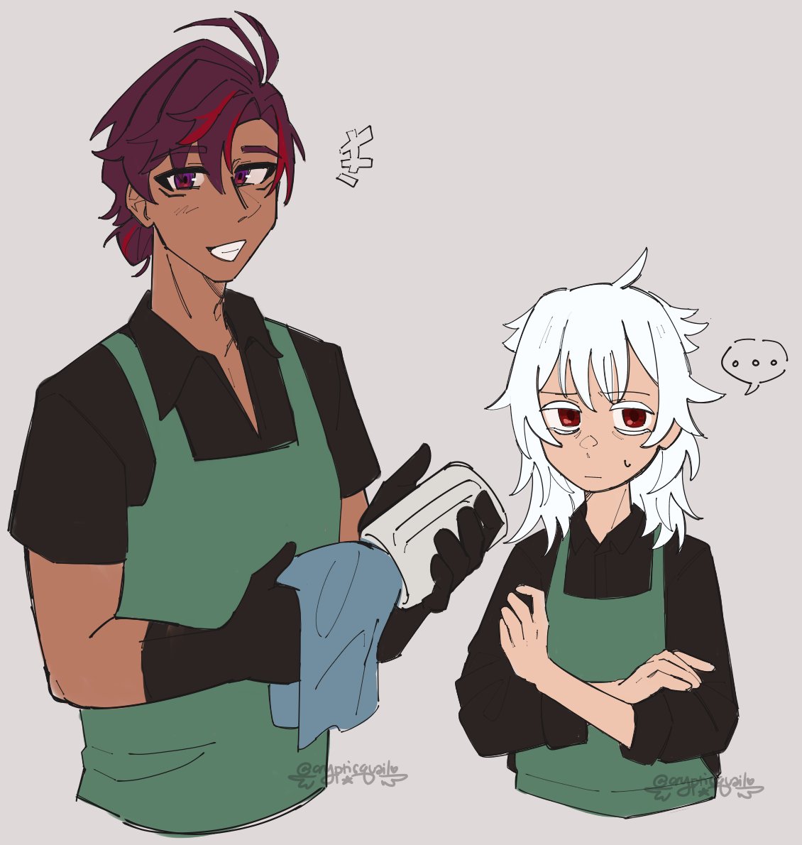 i dont have enough ocs shipped together to make like a proper coffee shop au so heres my wynn chars in vaguely cafe work uniforms #oc_tober2025 #oc_stormythoc_tober2025 #inktober #inktober2025