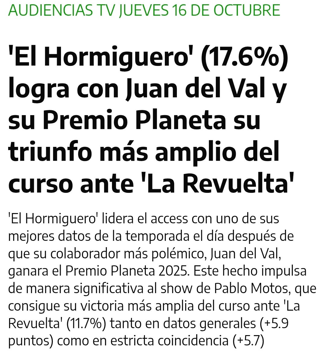 Adrián Cordero (@adricor_fer) on Twitter photo Extraña interpretación hace <a href="/Vertele/">verTele!</a> de los datos de ayer. El Hormiguero no ganó por el Planeta de Juan del Val. Ganó porque el público de <a href="/LaRevuelta_TVE/">La Revuelta</a> es el que sigue a <a href="/Leiva_Oficial/">Leiva Oficial</a>, y ahí estuvo la fuga. Extraña decisión del artista, o del programa de TVE... Extraña interpretación hace <a href="/Vertele/">verTele!</a> de los datos de ayer. El Hormiguero no ganó por el Planeta de Juan del Val. Ganó porque el público de <a href="/LaRevuelta_TVE/">La Revuelta</a> es el que sigue a <a href="/Leiva_Oficial/">Leiva Oficial</a>, y ahí estuvo la fuga. Extraña decisión del artista, o del programa de TVE...