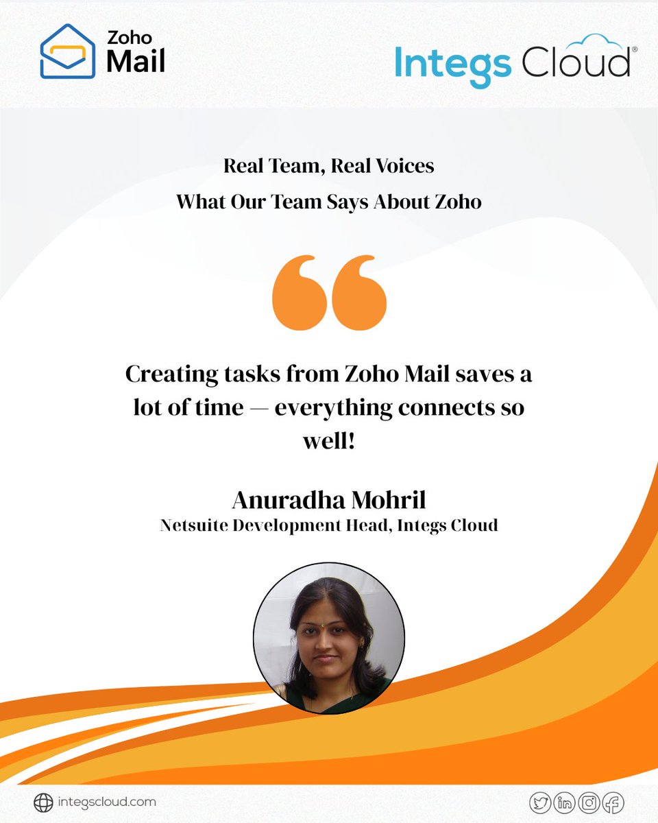 IntegsCloud's tweet image. 💬“One-stop solution—easy to use with tons of integrated apps!”
Anuradha Mohril @IntegsCloud shares how @ZohoOne boosts team efficiency:
✅Create tasks from @ZohoMail
✅Manage leave in @ZohoPeople
✅Approve via @ZohoCliq
🔗integscloud.com/zoho/
#ZohoOne #SmartWorkflows #Zoho