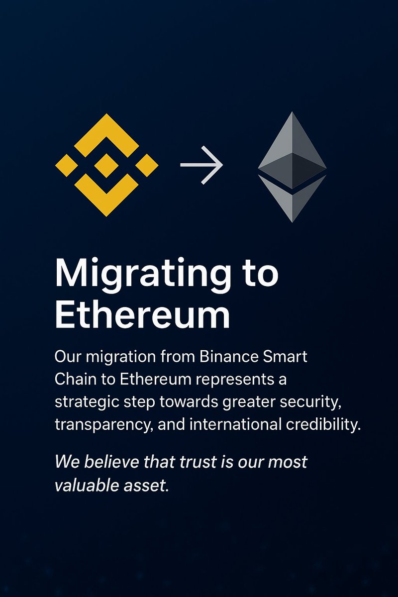 The project's migration from Binance Smart Chain to Ethereum represents a strategic step towards greater security, transparency, and international credibility.
Ethereum offers a more robust, auditable, and recognized ecosystem, which guarantees our investors complete traceability