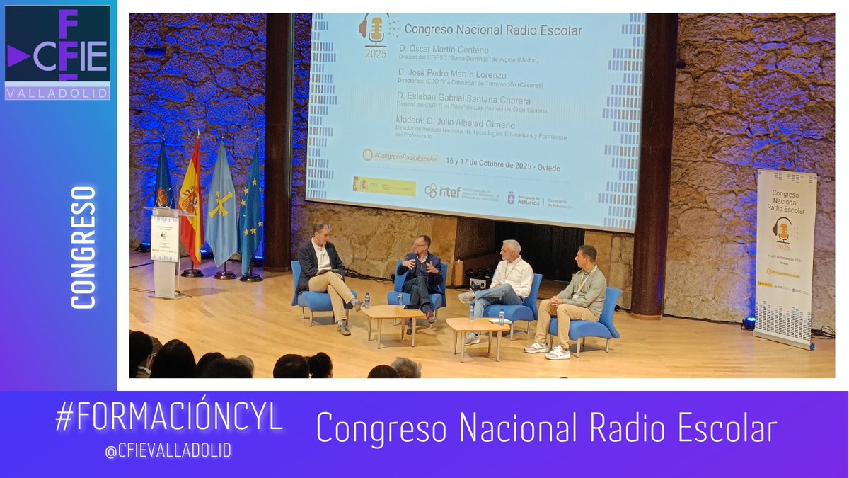 Comenzamos la jornada del #CongresoRadioEscolar con una mesa redonda de directores de centros educativos. Intercambio de prácticas y experiencias. La radio favorece el aprendizaje integral del alumnado y crea comunidad. Es un proyecto de centro #FormaciónCyL   #InnovaciónCyL