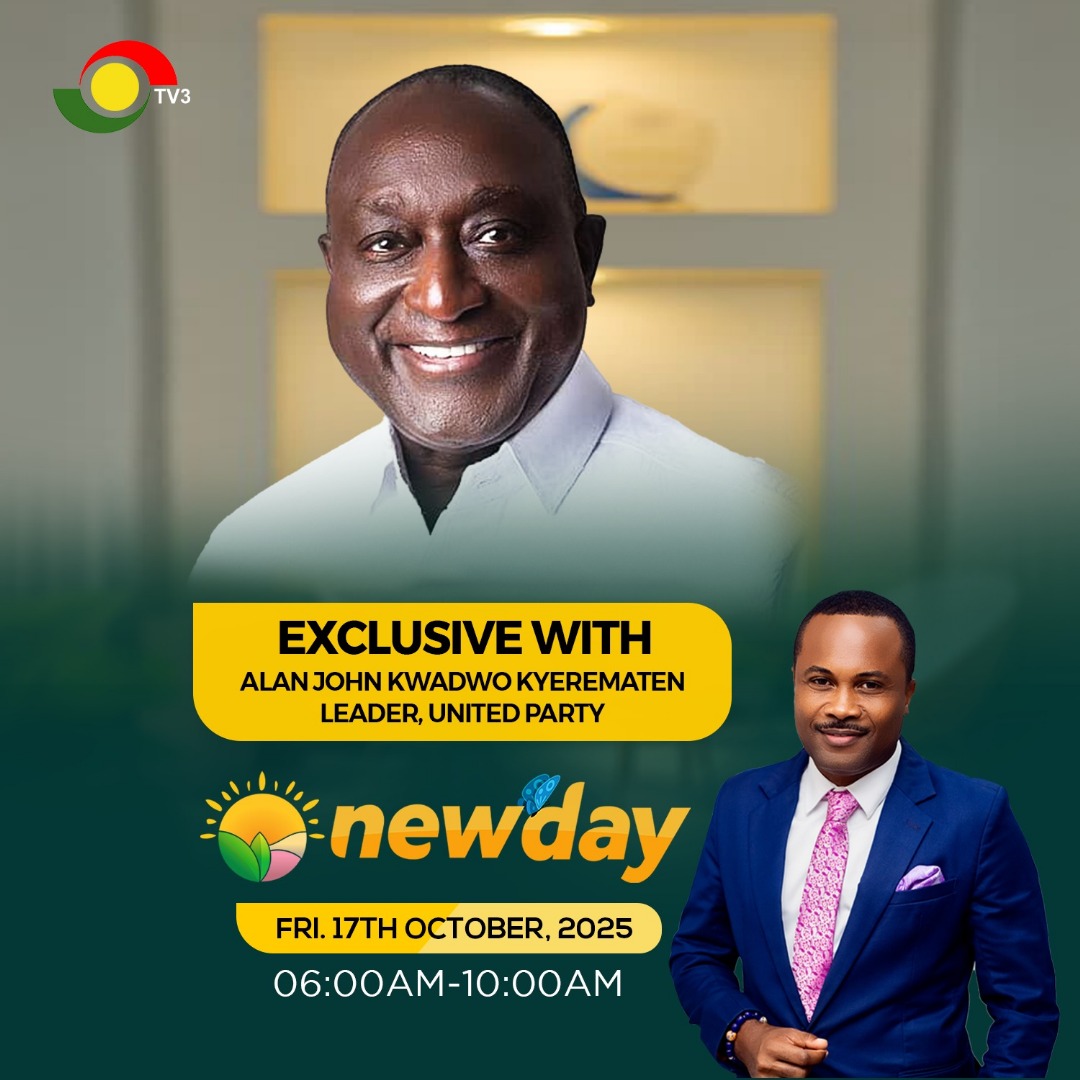AlanKyerematen's tweet image. Join me live on @tv3_ghana today, 17th October 2025, as we discuss the United Party’s vision for Ghana’s future — our mission, our objectives and our plans.

The journey to Paradise 2040 begins now.
 
Visit our website: unitedpartyghana.org

#unitedparty #ParadiseProject #up…