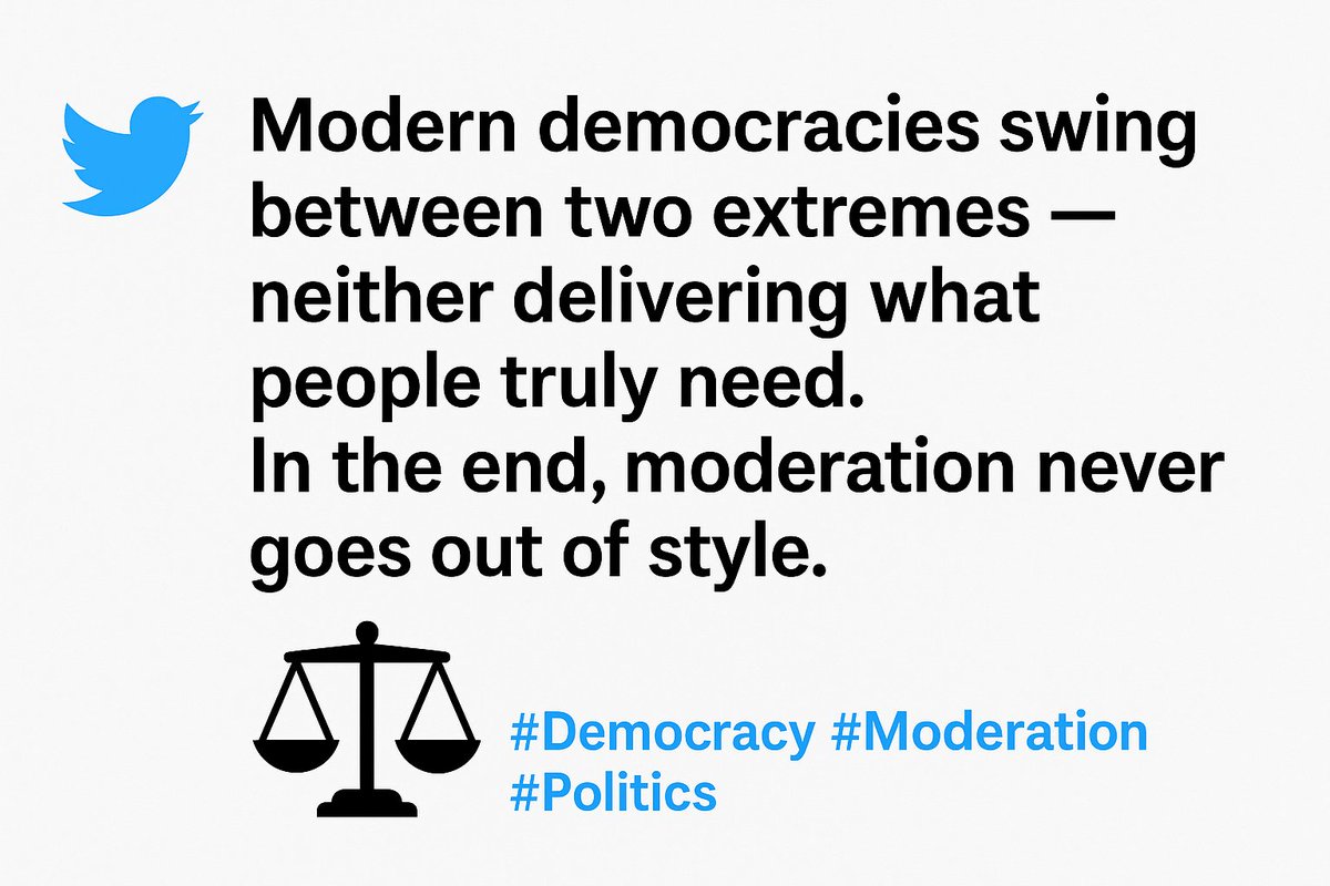 Modern democracies swing between two extremes — neither delivering what people truly need. In the end, moderation never goes out of style. ⚖️ #Democracy #Moderation #Politics