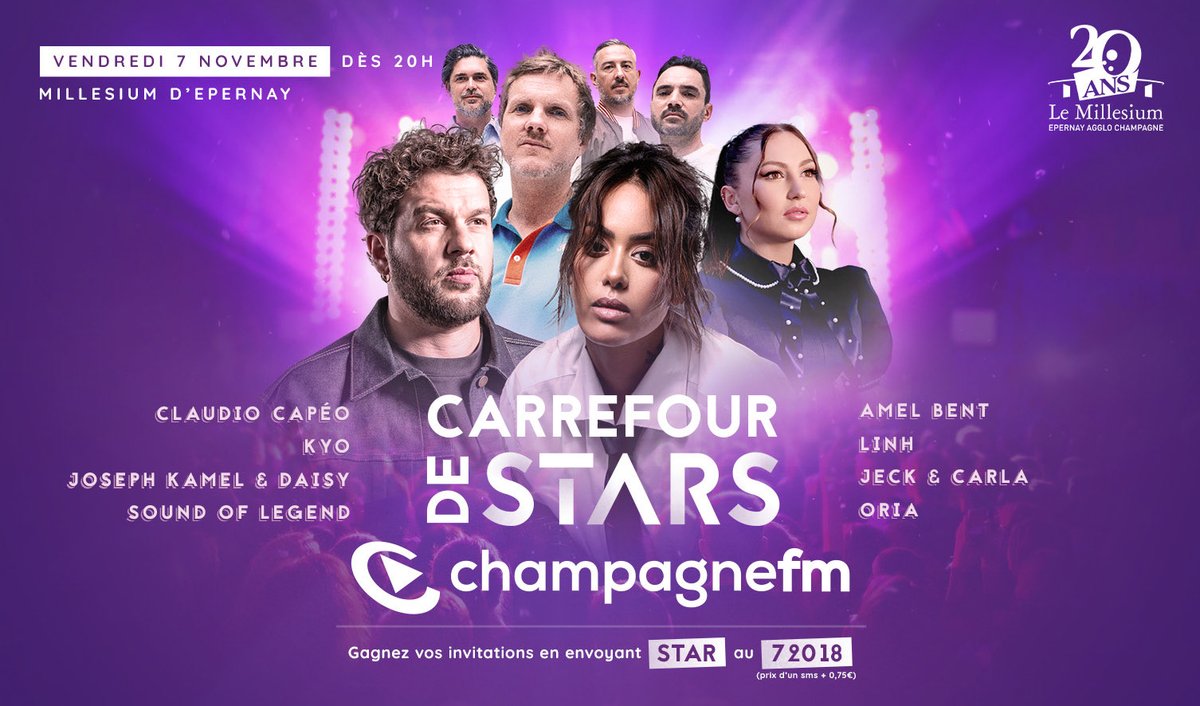 🎉🔥 <a href="/champagnefm/">Champagne FM</a> fête les 20 ans du Millesium d'Epernay avec un 𝗖𝗔𝗥𝗥𝗘𝗙𝗢𝗨𝗥 𝗗𝗘 𝗦𝗧𝗔𝗥𝗦 exceptionnel le vendredi 7 novembre ! 
<a href="/RosselRadioPub/">Rossel Radio Pub</a> <a href="/Arcom_Nancy/">Arcom Nancy</a> <a href="/villeepernay/">Ville d'Epernay</a> <a href="/LaLettrePro/">La Lettre Pro de la Radio 📻</a>