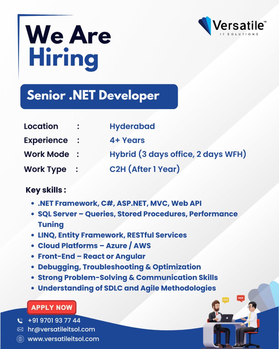 versatile_itsol's tweet image. We’re Hiring – Senior .NET Developer!
Mode: Hybrid (3 Office + 2 WFH)
Type: C2H (After 1 Year)
Skills: .NET | C# | ASP.NET | MVC | Web API | SQL | Azure/AWS | React/Angular
📩 Apply: hr@versatileitsol.com
📞 +91 9701 93 77 44
🌐 versatileitsol.com
#Hiring
