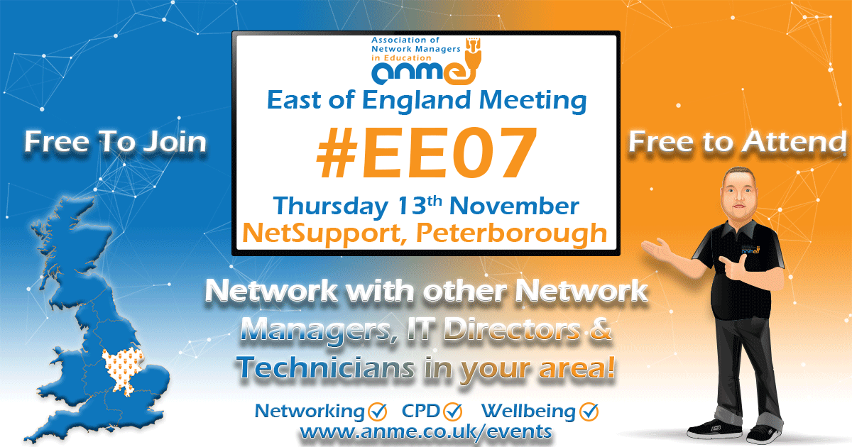 East of England Meeting 7 (#EE07) - 13 Nov, <a href="/NetSupportGroup/">NetSupport</a> Peterborough.

Agenda:
• Helen Caldwell: scaling IT in MATs
• EM SOU: Decisions &amp; Disruptions cyber exercise
• James Earp: #Cybersecurity

Free for members incl lunch!
👉 anme.co.uk/events-meeting…

#ANME #EdTech