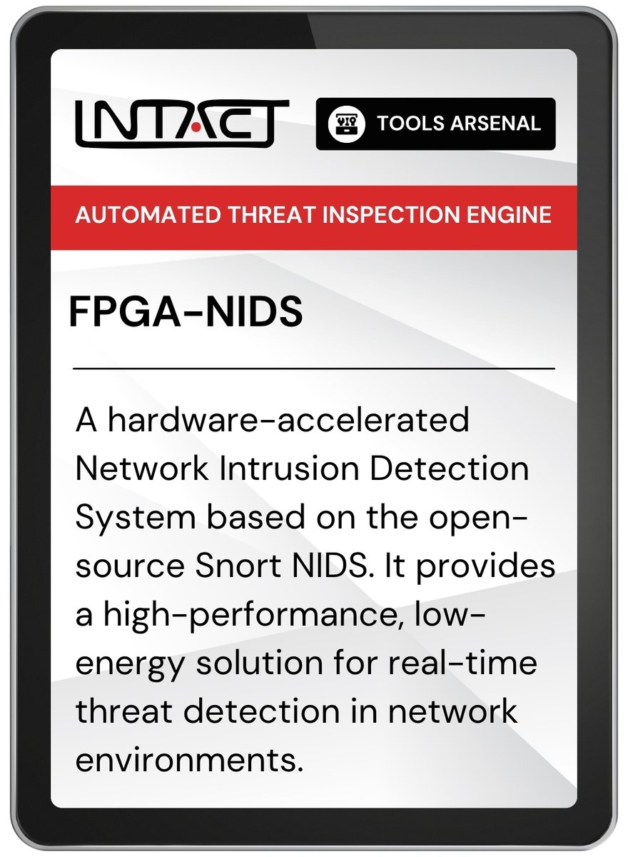 Project_INTACT's tweet image. 🧰 INTACT Tools Arsenal - FPGA-NIDS

FPGA-NIDS, from @TUofCrete (TUC), is a hardware-accelerated version of Snort. It offers high performance and low energy for network intrusion detection, a critical tool for our PUC4 pilot.  

 🔎Find TUC&apos;s role: intact-horizon.eu/about/