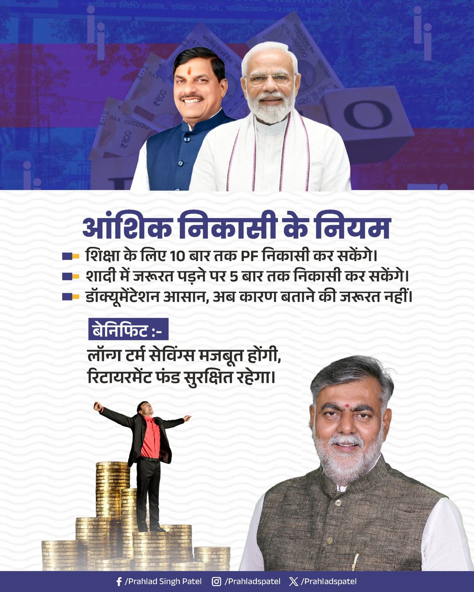 EPFO के नए नियम – कर्मचारियों के लिए बड़ी राहत!

- अब PF निकासी और पेंशन से जुड़े नियम हुए और सरल 

- शिक्षा और विवाह के लिए बार-बार निकासी की सुविधा

- 75% राशि तक आंशिक निकासी का प्रावधान

- प्रीमेच्योर फाइनल सेटलमेंट की अवधि बढ़ाई गई

- मकसद – लॉन्ग टर्म सेविंग्स और फाइनेंशियल