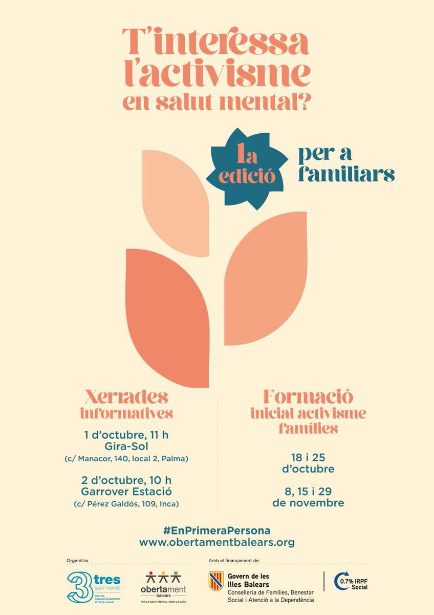 📆 18 i 25 d’octubre a Gira-Sol (Palma, c/ Manacor, 140, local 2)

📆 8, 15 i 29 de novembre a Fundació Es Garrover (Inca, c/ Pérez Galdós, 109)

ℹ️ Més info a obertamentbalears.org.

T’esperam! 🫶