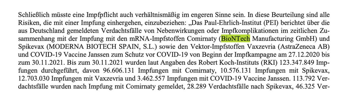 <a href="/aya_velazquez/">Aya Velázquez</a> Zitat von Seite 823: 

Schließlich müsste eine Impfpflicht auch verhältnismäßig im engeren Sinne sein.

In diese Beurteilung sind alle Risiken, die mit einer Impfung einhergehen, einzubeziehen: „Das Paul-Ehrlich-Institut (PEI) berichtet über die aus Deutschland gemeldeten