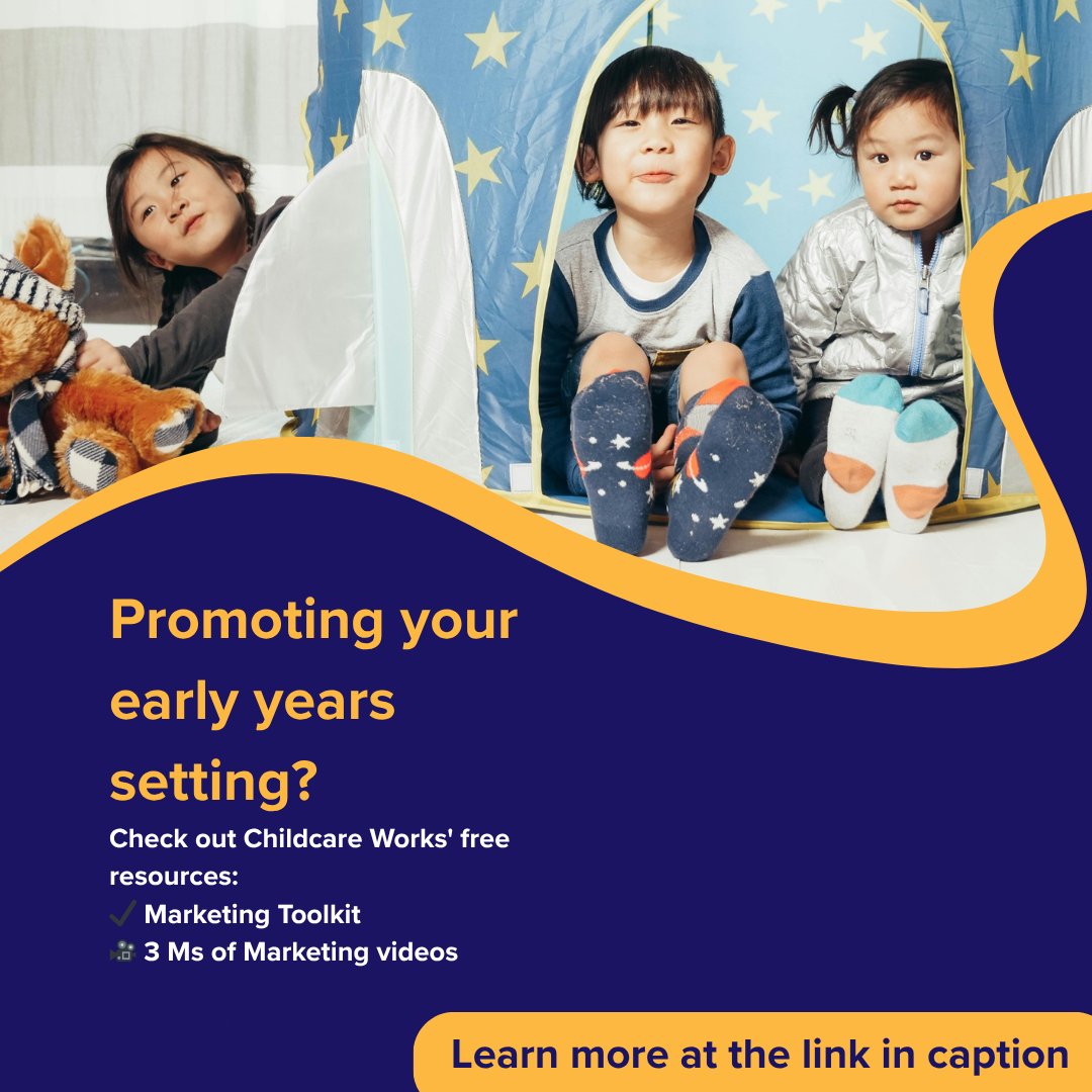 📣 Promoting your early years setting?

Check out Childcare Works' free resources:
✔ Marketing Toolkit
🎥 3 Ms of Marketing videos

🧰 Practical &amp; easy to use
🔗 zurl.co/BNCgX | zurl.co/KW6DA

#ChildcareMarketing #EarlyYears #BusinessSupport