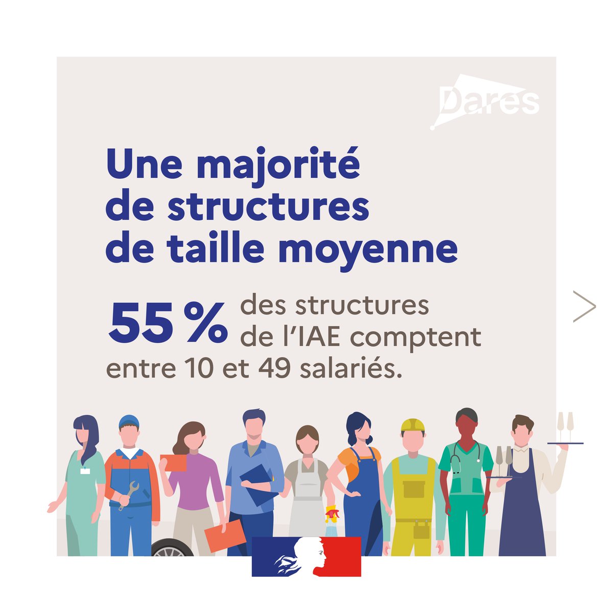 55 % des établissements  de l'IAE comptent entre 10 et 49 salariés sont les plus représentés en IAE (55 %).  Mais plus de la moitié des salariés de l’IAE travaillent dans des établissements de 50 salariés ou plus.