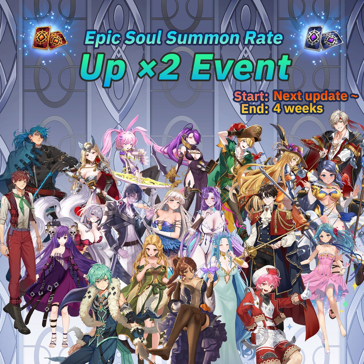 KoSGLBL's tweet photo. [Notice] Epic Soul Summon Rate Up x2 Event

To celebrate the start of the Arena Season Rankings and to gather feedback from our Adventurers,,
we are holding the Double Epic Soul Summon Rate Event as follows.

We will continue to work hard to create an enjoyable game. https://t.co/kGmLGfDNVl