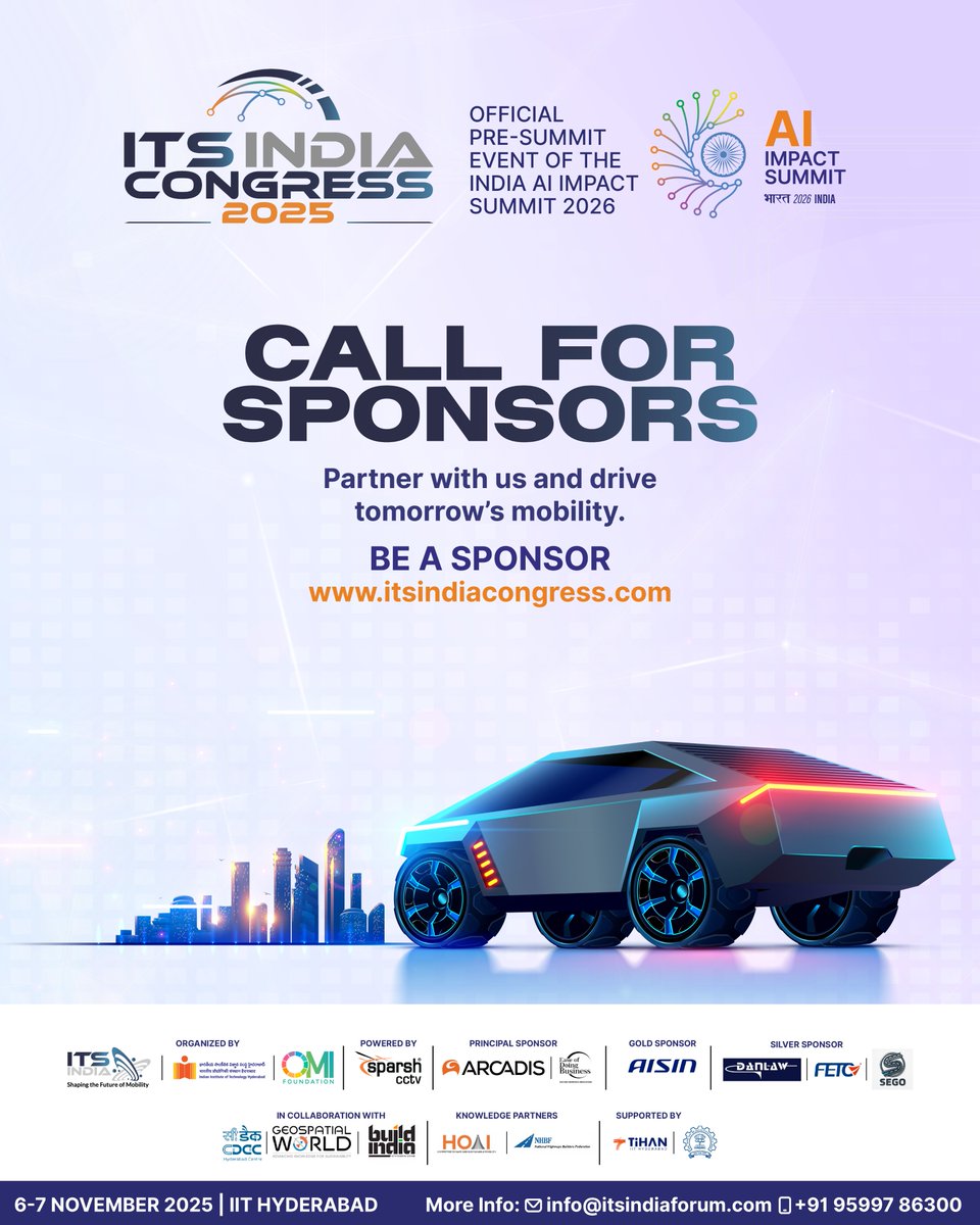 Drive innovation in AI, smart mobility &amp; sustainability! 
Become a sponsor at ITS India Congress 2025 - Pre-Summit Event of the India AI Impact Summit 2026.
🗓 6–7 Nov 2025 | 📍 IIT HYD
 🔗  Join as a Sponsor: itsindiacongress.com
#ITSIndiaCongress2025 #IndiaAIImpactSummit2026