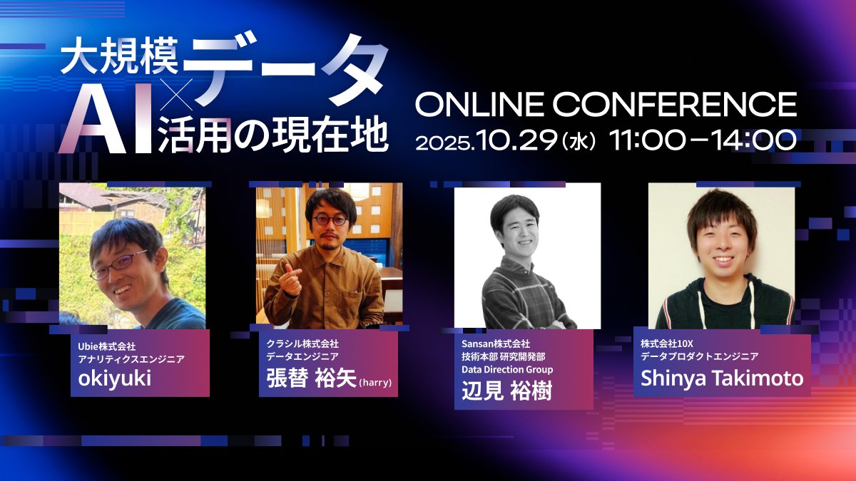 findy_code's tweet image. /
大規模データ×AI活用の現在地 〜 Online Conference 2025 〜 開催!📢
\
「大規模データ×AI活用」をテーマに、その導入・運用の実際と成功・失敗の知見をお届けします!
📅 2025/10/29(水)11:00~14:00
findy.connpass.com/event/369571/ #data_findy