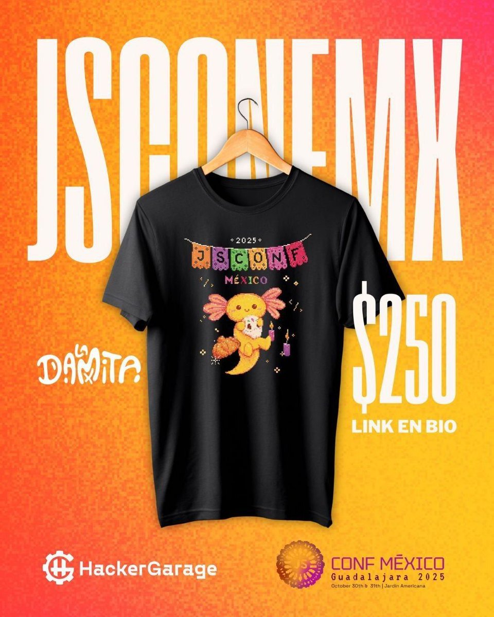 ¡ÚLTIMOS DÍAS PARA HACER TU PEDIDO!
✨Celebremos juntos(as) #JSConfMX con la playera edición limitada✨
Este año contamos con un diseño especial por <a href="/ladamita/">miriam janet</a> y hecho con Hacker Garage. Reflejan la magia del código, lo colorido de nuestras raíces y la unión de la comunidad en un