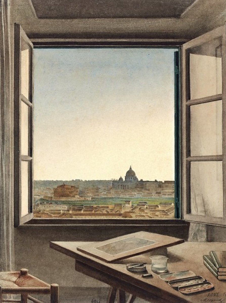 ahistoryinart's tweet image. The window became a prominent symbol in 19thC art, representing a threshold between the interior and exterior, and a space for contemplation and longing. 'View of Rome from the Artist’s Room at the Villa Medici,' by Constant Moyaux was painted in 1863.