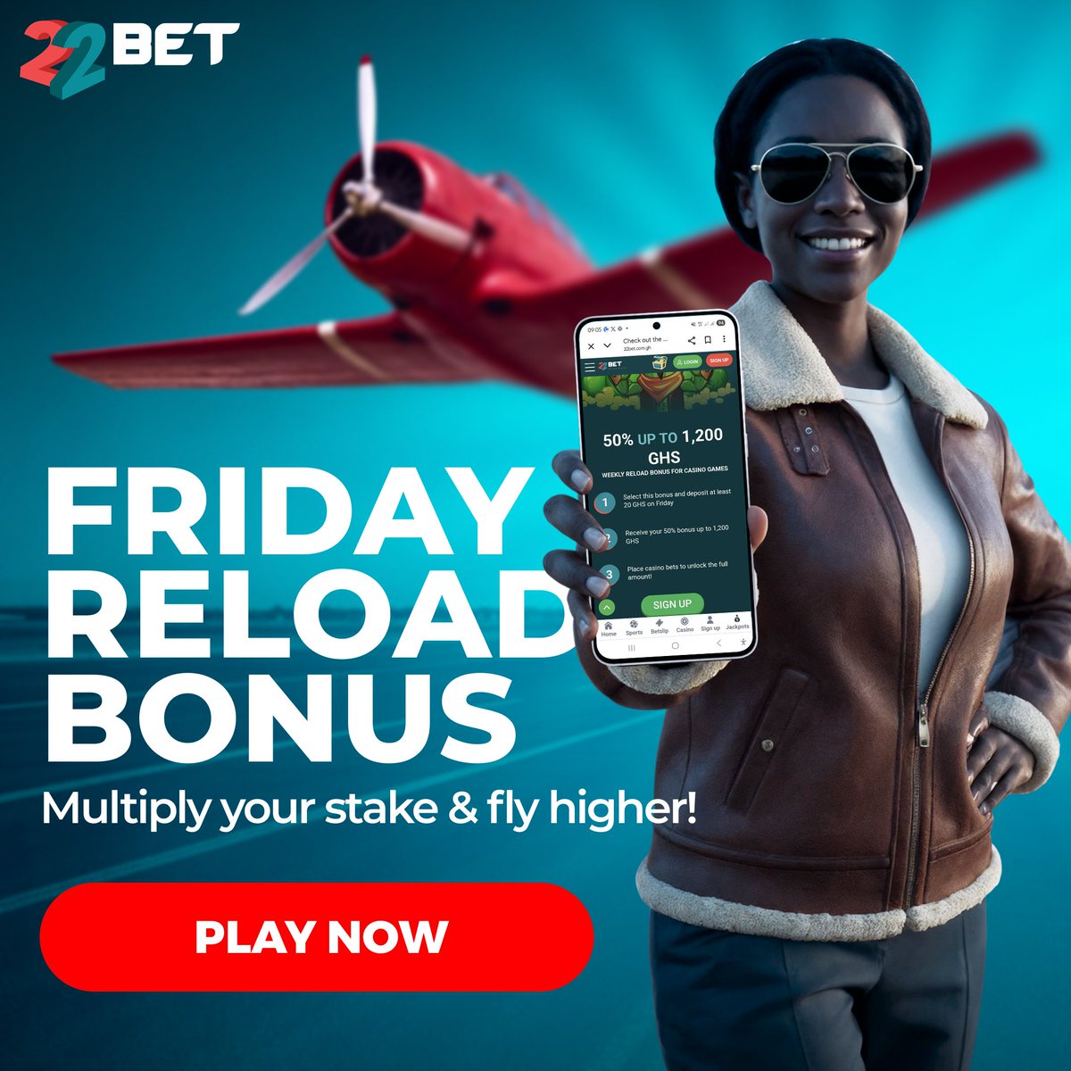 22bet_ghana's tweet photo. βοΈπΈ Ready to take off this Friday?
With the FRIDAY RELOAD BONUS, you can multiply your stake & fly higher ππ₯
π° Get 50% up to 1,200 GHS when you reload today!
π Donβt miss out β hit PLAY NOW and boost your weekend wins!
#22Bet #FridayReloadBonus #BetWith22Bet #AlwaysPays https://t.co/e49MCzh3WW