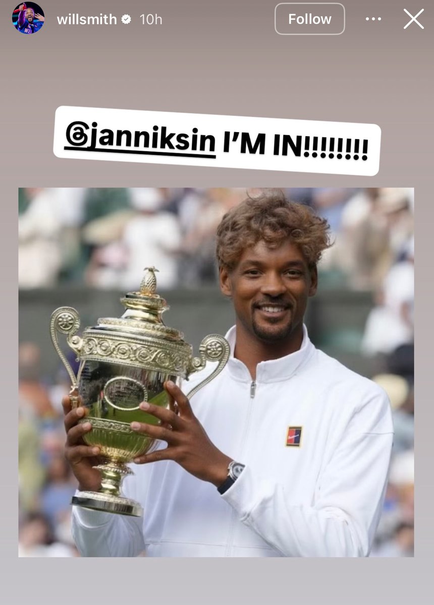 Will Smith on Jannik Sinner saying he would pick him to play him in a movie:

“I’M IN!!!!!!” 

😂😂😂
