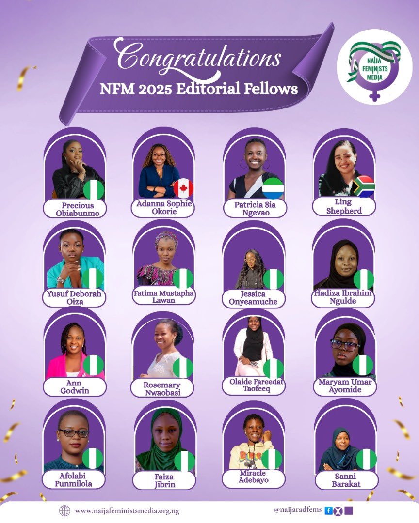 NaijaRadFems's tweet image. We are excited to announce the Naija Feminists Media 2025 Editorial Fellows!

These talented journalists will undertake investigative reporting on femicide during the 2025 #16DaysofActivism which is a necessary step to advance women’s rights &amp;amp; gender equality in the region.