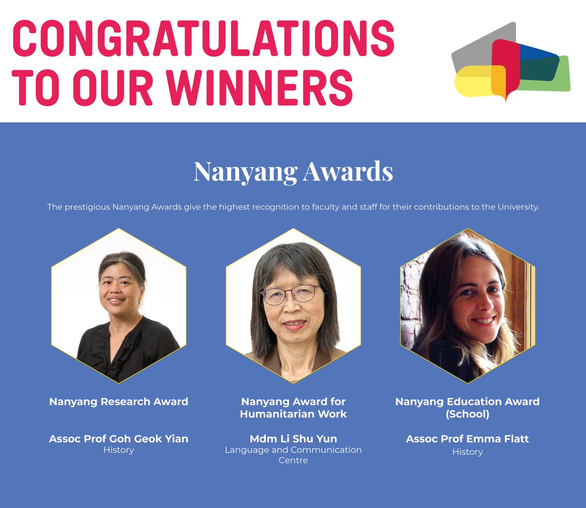 🎉 It’s awards season! Congrats to our faculty recipients of NTU’s top honours:

🏆 A/P Goh Geok Yian — Nanyang Research Award
💖 Ms Li Shu Yun — Nanyang Award for Humanitarian Work
🎓 A/P Emma Flatt — Nanyang Education Award (School)