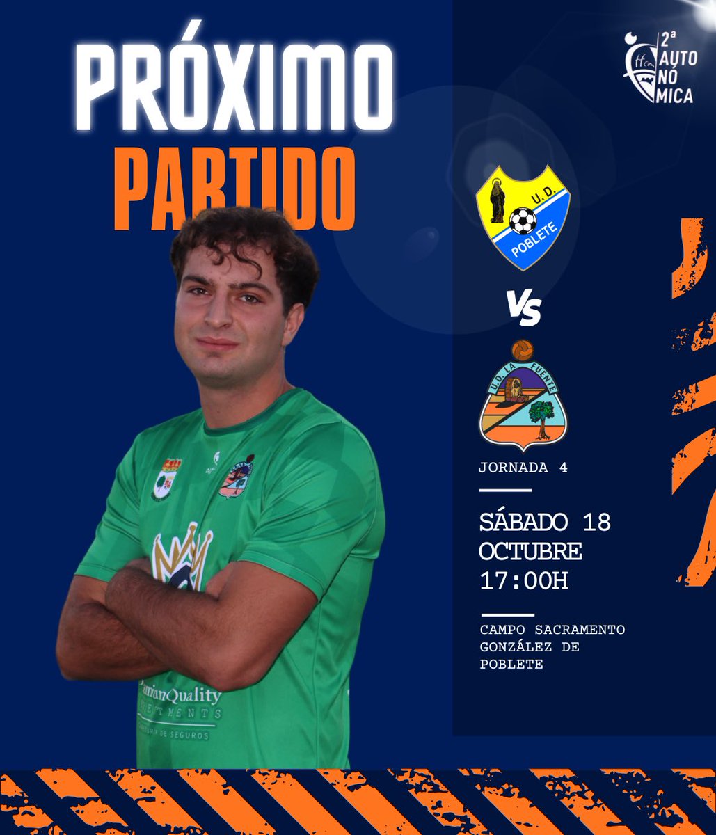 ⚽️ 𝐏𝐀𝐑𝐓𝐈𝐃𝐎 𝐃𝐄 𝐋𝐈𝐆𝐀 ⚽️

🆚 UD Poblete
📅 Sábado 18 de Octubre 
🕖 17:00h
🏟️ Campo Sacramento González de Poblete

💙 ¡Te esperamos!

#SegundaAutonómica