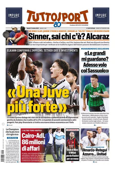 Today's front page Tutto Sport, Friday 17 October 2025