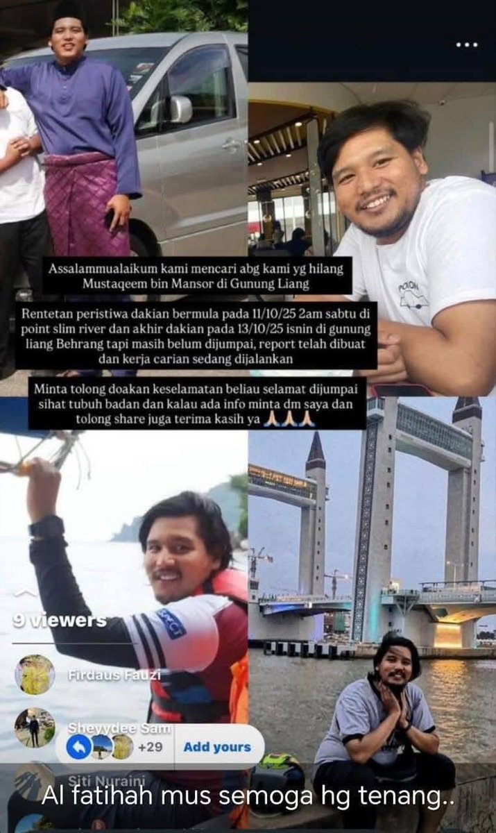twitmarhaen's tweet photo. Memang kejam.

Hiking sama2 dgn 9 orang kawan2. Bila injured kena tinggal. Sorang kawan pun takde report polis. Dibiarkan mati keseorangan di puncak gunung.

Difahamkan isteri hanya report polis selepas 2 hari arwah tak balik rumah selepas semua kawan2 pulang dari hiking.

Doakan semoga arwah ditempatkan bersama2 golongan yang beriman. Takziah buat ahli keluarga.

#Justice4Mustaqeem