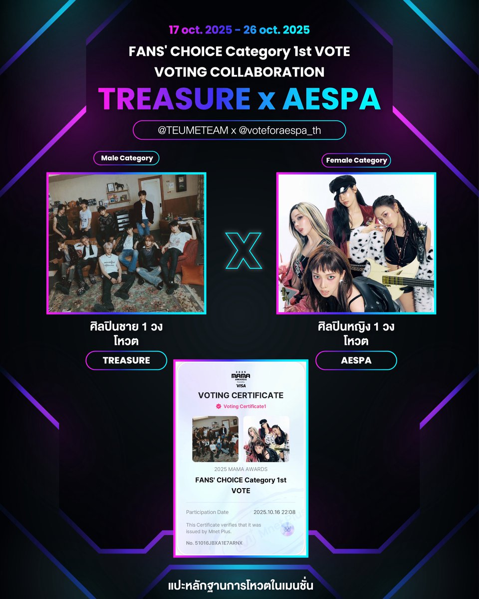[🏆] FANS' CHOICE Category 1st VOTE

VOTING COLLABORATION

💎TREASURE x AESPA💎

การคอลแลปโหวตระหว่าง <a href="/TEUMETEAM/">TEUME TEAM 💎</a> x <a href="/voteforaespa_th/">vote for æ #RICHMAN</a> 🔥

📲:โหวตผ่าน Mnet Plus 

🗳️:โหวตรางวัล FANS' CHOICE  
➜ Male Category เลือก TREASURE 
➜ Female Category เลือก AESPA

🔗: