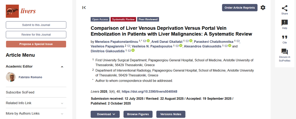 📖 New Systematic Review in Livers:

Liver venous deprivation (LVD) shows faster &amp; greater liver hypertrophy than portal vein embolization (PVE), with similar safety.

🔗 mdpi.com/2673-4389/5/4/…

#Hepatology #LiverSurgery #Oncology #LiversMDPI <a href="/MediPharma_MDPI/">MDPI Medicine & Pharmacology</a>