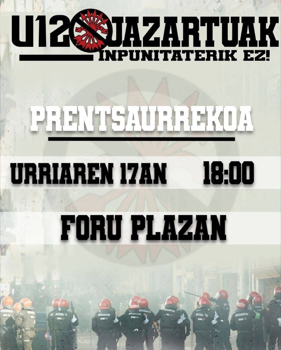 U12 JAZARTUAK 

Ertzaintzak izandako jarrera bortitz eta arduragabea salatu nahi dugulako.

FALANGE SUNTSITU! 
INPUNITATERIK EZ!