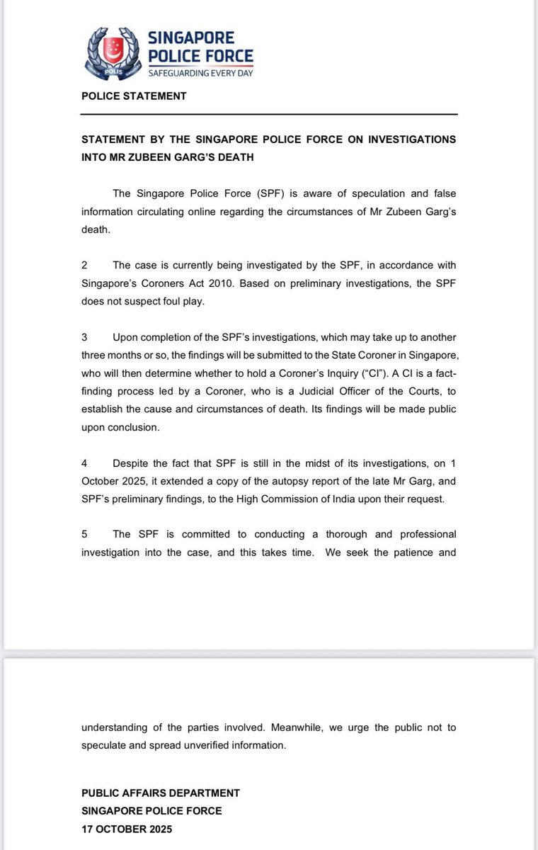 STATEMENT BY THE SINGAPORE POLICE FORCE ON INVESTIGATIONS INTO MR ZUBEEN GARG'S DEATH

<a href="/AnirudhaBhakat/">Anirudha Bhakat</a> 
<a href="/SingaporePolice/">Singapore Police Force</a> 

#Zubeen_Garg 
#LatestUpdate 
#SingaporePolice 
#Assam