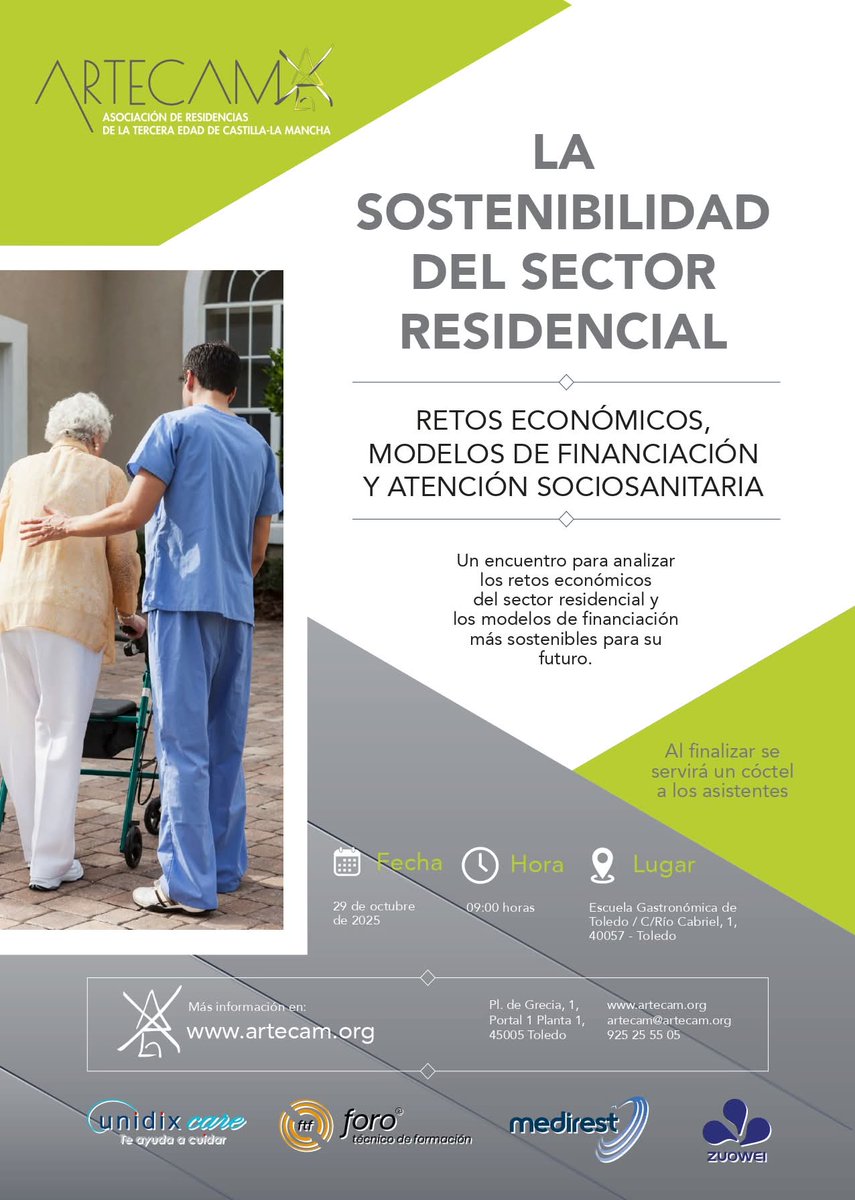 📅 El 29 de octubre tienes una cita en Toledo:
✨ “Sostenibilidad del sector residencial: retos económicos, modelos de financiación y atención sociosanitaria”, organizada por #Artecam 
🕙 Comienza a las 10.00 h
📍 Escuela Gastronómica
🔗 Inscríbete aquí: bit.ly/46VdOVh