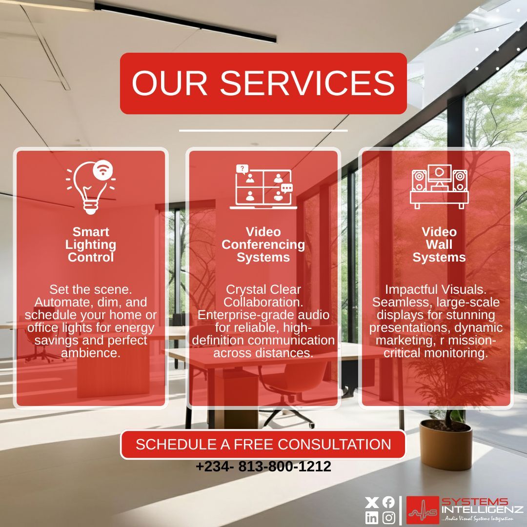 SysIntelligenz's tweet image. Transform spaces with seamless design and performance. 

Achieve perfect ambiance and energy efficiency using Smart Lighting, enhance collaboration with Video Conferencing Systems, and impress with custom Video Walls. 

Design for excellence and transform your space.