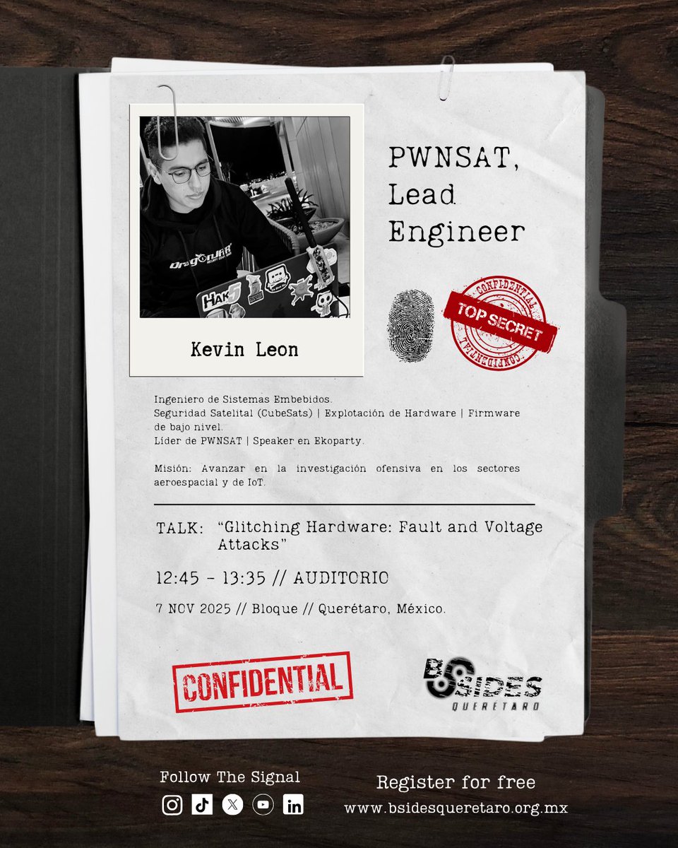 BSidesQueretaro's tweet image. Charla imperdible: "Glitching Hardware: Fault and Voltage Attacks" con Kevin Leon (Lead Engineer, PWNSAT).
Aprende a bypassear la seguridad de microcontroladores cuando el firmware no es una opción. 
 #CyberSecurity  #infosecurity #EmbeddedSecurity #Querétaro #BSidesQueretaro