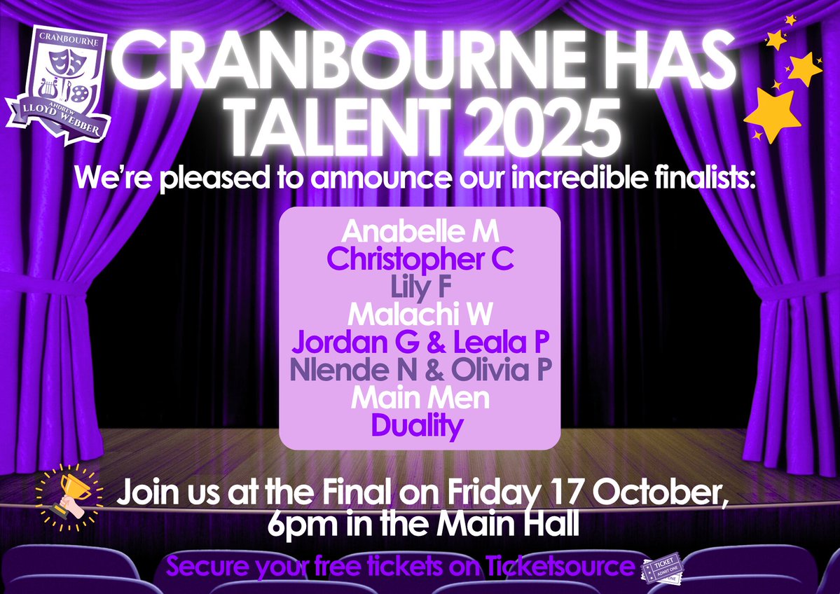 Last chance to secure your free ticket to Cranbourne Has Talent this evening! The event starts at 6pm – we can’t wait to see who takes home the 2025 crown! Tickets at ticketsource.co.uk/cranbourne-sch…