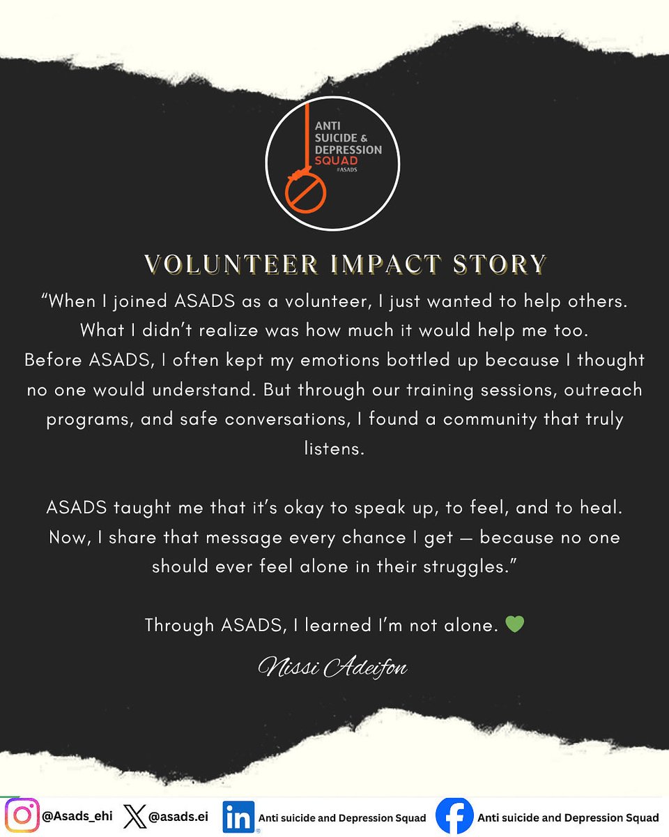 Every ASADS volunteer carries a story of courage and compassion.
Together, we’re creating a safe space where no one feels alone. 💚
#ImpactStory #ASADS #EndTheStigma #togetherformentalhealth