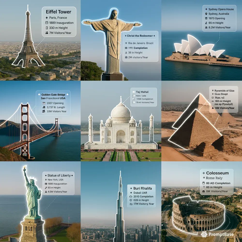 promptbase's tweet image. Aerial Landmark Infographics by luffyfuture using ChatGPT Image 🗺️✈️