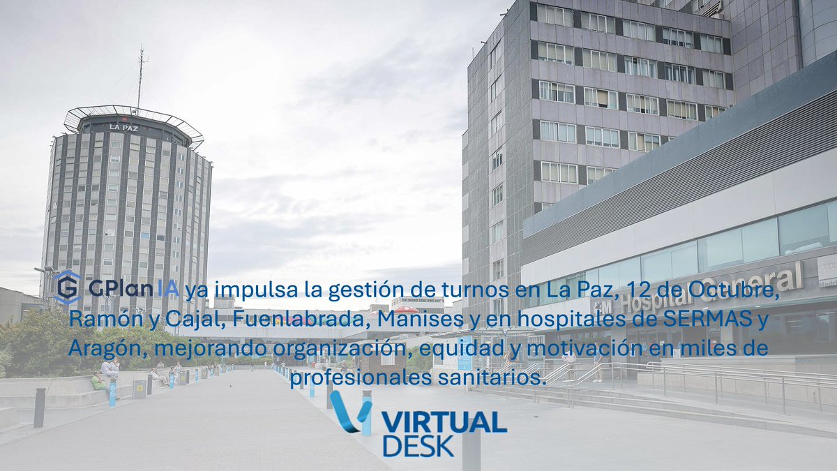 🏥 G-PlanIA ya es una realidad en hospitales de Madrid, Aragón y Valencia, como La Paz, 12 de Octubre o Ramón y Cajal. Más agilidad, equidad y motivación para los equipos sanitarios. Porque gestionar mejor también es cuidar. 💙 #Innovación #SaludDigital