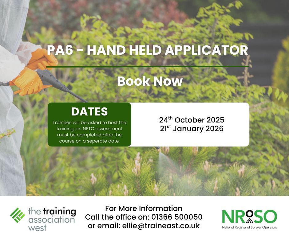 TtaWest's tweet photo. Today’s Highlighted Course: 'PA6 – Hand Held Applicator'
Part of this season's Winter Training Programme, learn to safely operate handheld pesticide applicators.

📅 Book Now: https://t.co/er216OBCkX 

📖 View the full Training Programme: https://t.co/i1zVpruycR https://t.co/XhKiYeduR0