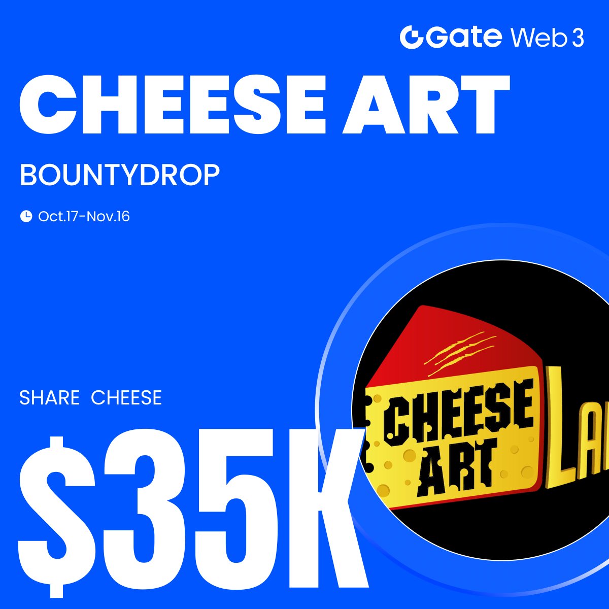 GateWeb3_HQ's tweet image. 🔥#GateWeb3 & @cheeseartio #BountyDrop is Live!
Complete the Tasks to Share $35,000 CHEESE
✅ Hold assets worth at least 10 USDT (or equivalent) in Gate Web3 across all chains.
✅ Follow @cheeseartio & @catvegas_
✅ Join the Cheese Art Telegram group
✅ RT Cheese Art's…