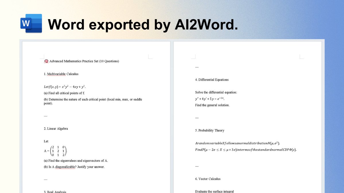 aiwhaler's tweet photo. AI to Word - 01: Using GPT to generate advanced mathematics practice problems. 🧐 https://t.co/1XoL1Di4Qv