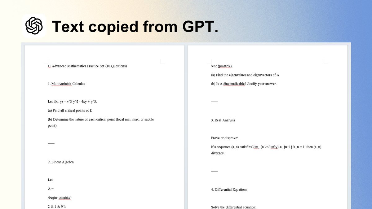aiwhaler's tweet photo. AI to Word - 01: Using GPT to generate advanced mathematics practice problems. 🧐 https://t.co/1XoL1Di4Qv