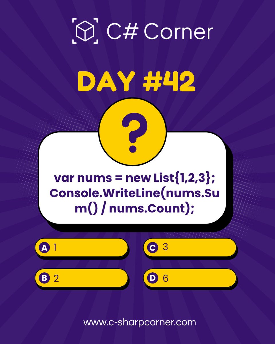 CsharpCorner's tweet image. 🚀 .𝐍𝐄𝐓 𝐂𝐡𝐚𝐥𝐥𝐞𝐧𝐠𝐞 – 𝐃𝐚𝐲 #42 🚀
𝐖𝐡𝐚𝐭 𝐰𝐢𝐥𝐥 𝐛𝐞 𝐭𝐡𝐞 𝐨𝐮𝐭𝐩𝐮𝐭? Drop your answers below! ⬇️
#CSharpCorner #DotNet #csharp #codingchallenge #day42 #LearnAndCode