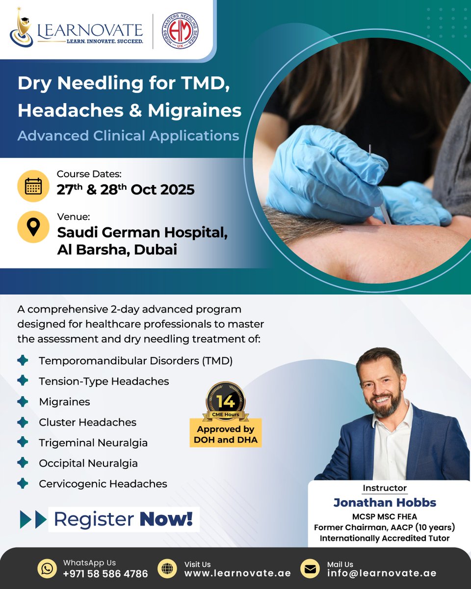 LearnovateHC's tweet image. From Foundation to Advanced- Master Dry Needling with UK expert Jonathan Hobbs.    

📅 25–29 Oct 2025 |  
Dubai | CME Approved 3 Courses 
Global Certification | Real Clinical Impact     

Register Now at learnovate.ae 

#CME #Healthcare #Therapist