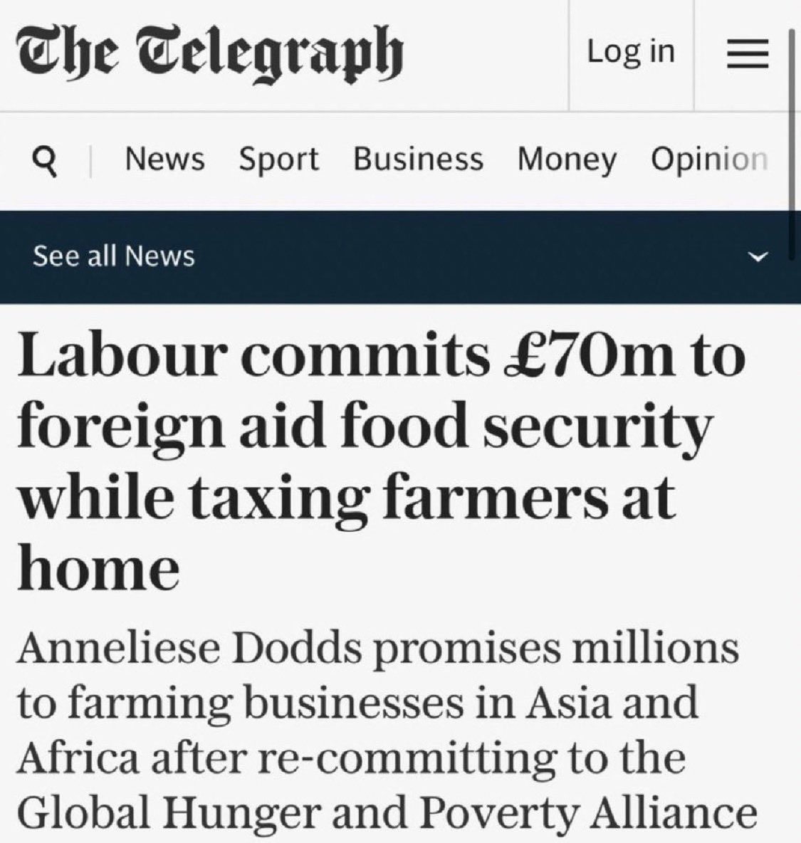 The Labour government has committed £70m to foreign aid food security while diminishing food security in the UK with inheritance tax on family farms. Shameful misplaced priorities.