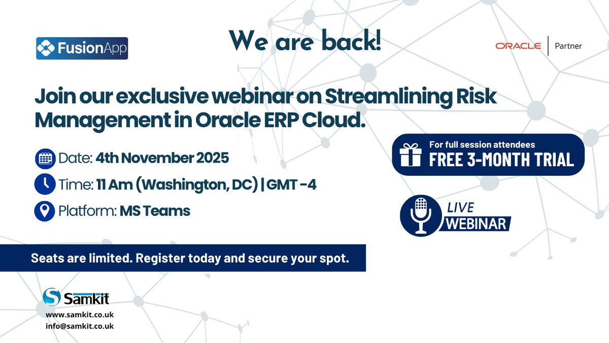 samkitinfoltd's tweet image. Date: 4th November 2025
Time: 11 AM (Washington DC | GMT-4)
Platform: Microsoft Teams
🖱️ Register Now:
events.teams.microsoft.com/event/7c5d2dee……
#Samkit #OracleERP #RiskManagement #GovernanceRiskControl #SoD #Compliance #Audit #ERPCloud